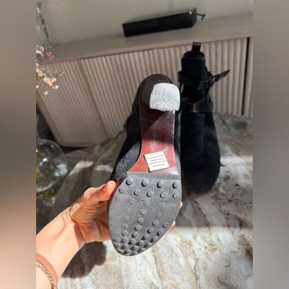 Tod’s black suede leathered wrap around strap chunky heel ankle boots size 7 - Picture 4 of 9